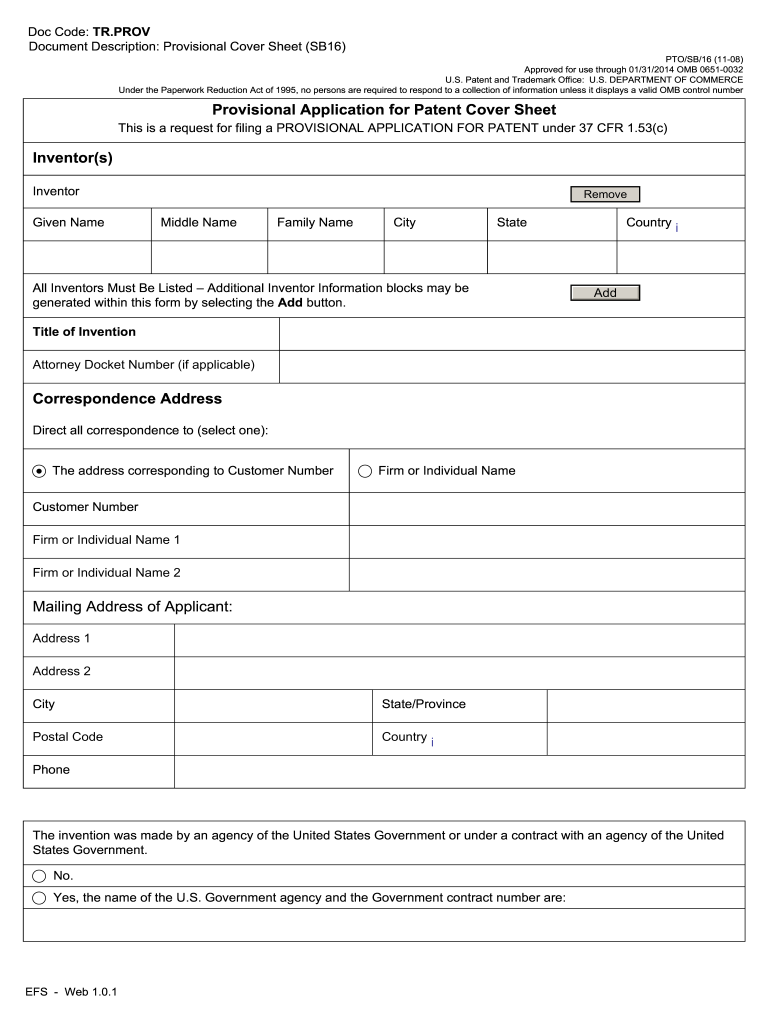  Provisional Patent Sb16 Form 2020