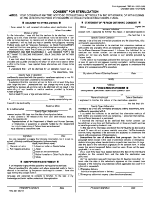 Consent for Sterilization This Form Allows an Individual to Provide Consent for Sterilization Statements Are Also Included for a