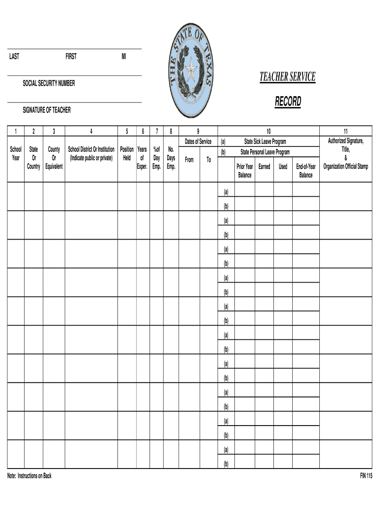 Teachers Service Book Entries  Form