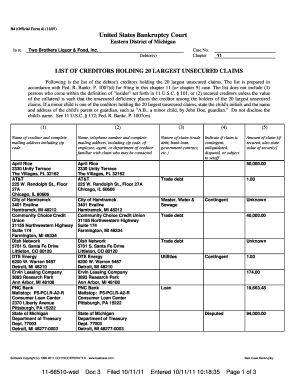 List of Creditors Template  Form