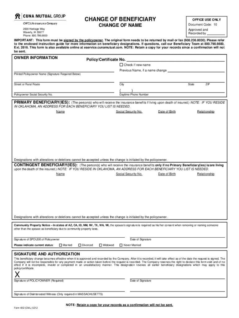 North American Company for Life and Health Beneficiary Form