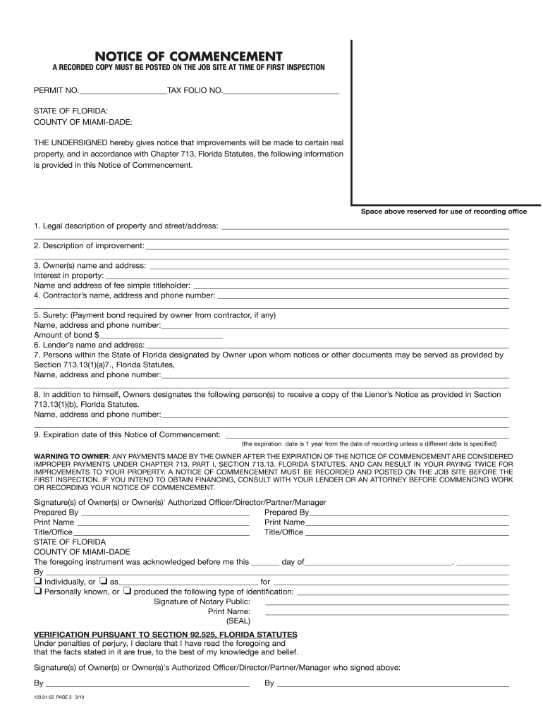 Get and Sign Notice of Commencement Miami Dade 2010-2022 Form
