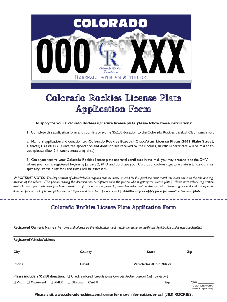 Colorado Rockies License Plate  Form