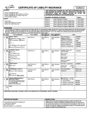 Blank Certificate of Insurance Fillable  Form