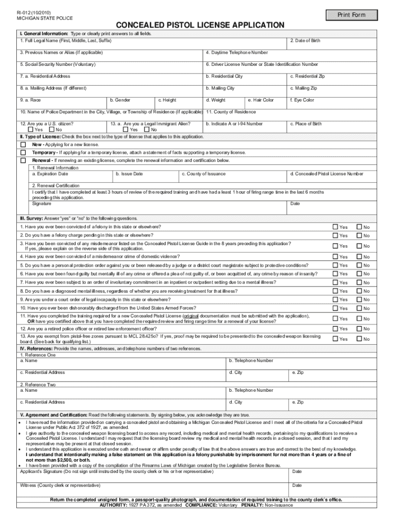  Concealed Pistol License Fillable Form 2010