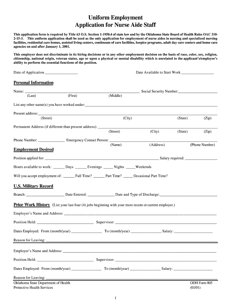  Uniform Employment Application for Nurse Aide Staff 2001