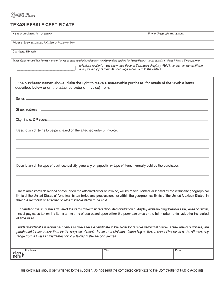  Texas Resale Certificate Rev 12 024 Form 2010