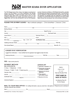 Padi Master Scuba Diver Application Form