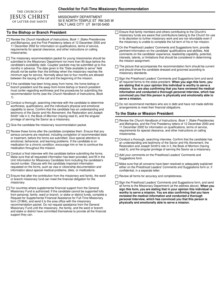 Checklist for Full Time Missionary Recommendation Form
