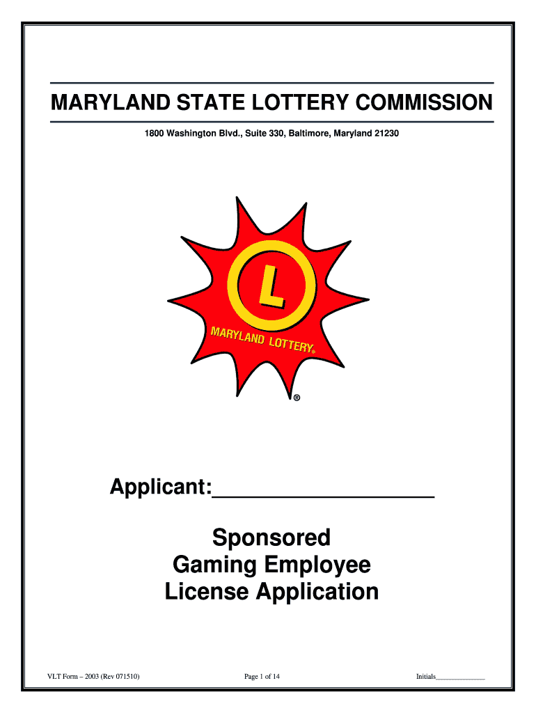 Sponsored Gaming Employee License Application Maryland VLT  Form