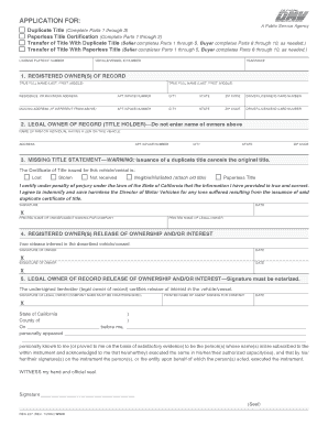 Application for Duplicate or Paperless Title  Form
