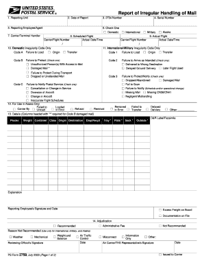 Postal Form Report of Irregular Handling of Mail Ps 2759