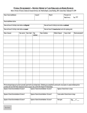 Funeral Establishment Monthly Report of Cases Embalmed and  Form