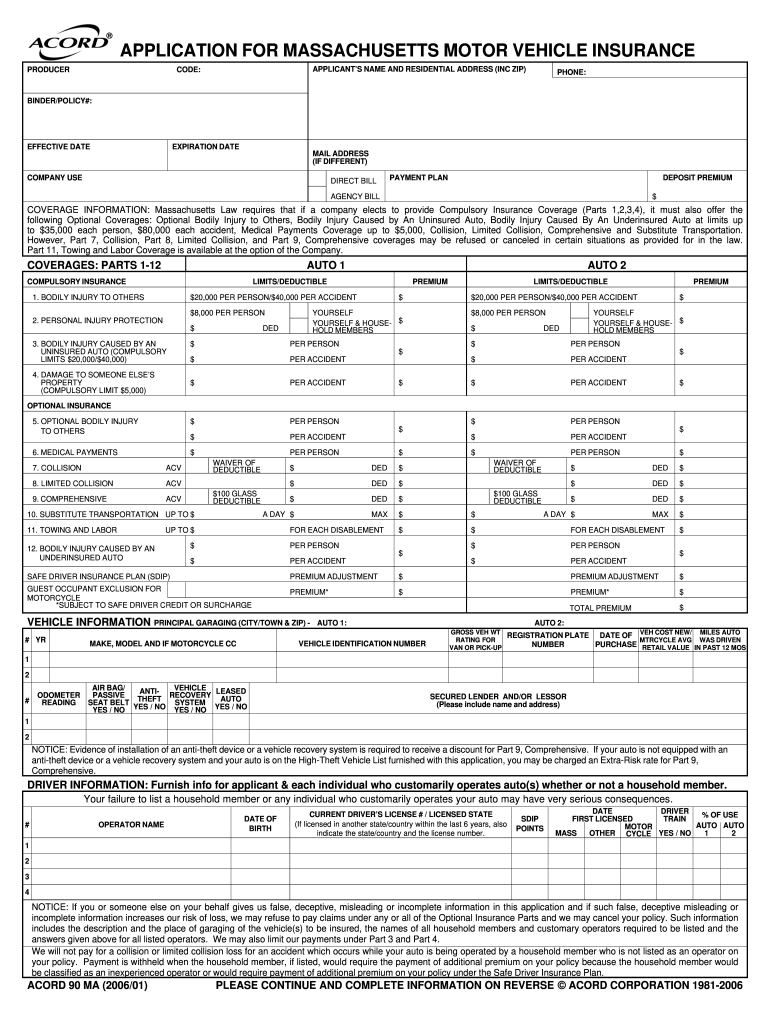 Application for Massachusetts Motor Vehicle Insurance Form