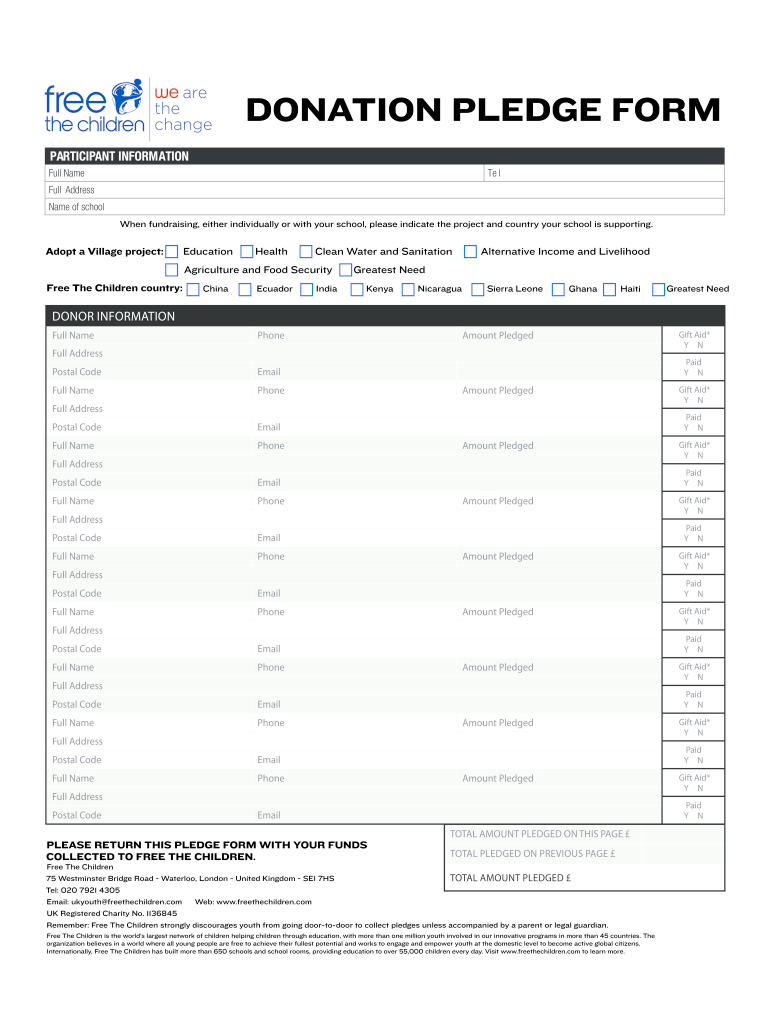 Printable Pledge Sheets  Form