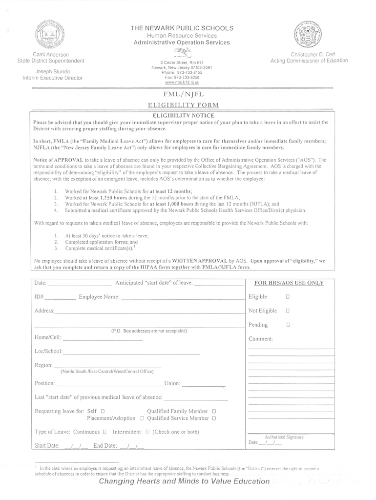 Newark Public Schools Fmla Aproved  Form