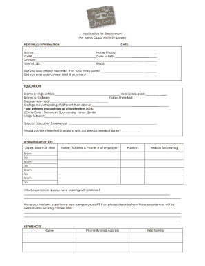 West Hills Day Camp Staff Application Form