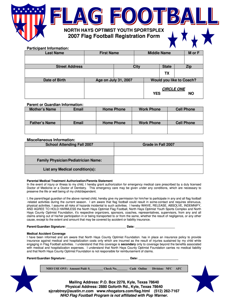  Youth Football Registration Form Template 2007-2024