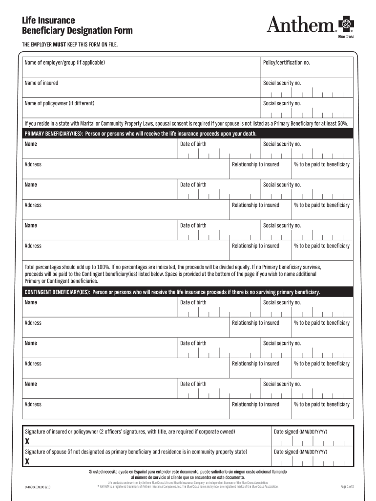 Anthem Life Insurance Beneficiary Form