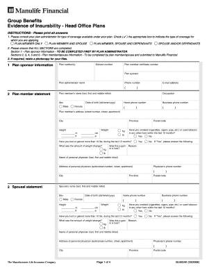 Evidence of Insurability Manulife  Form