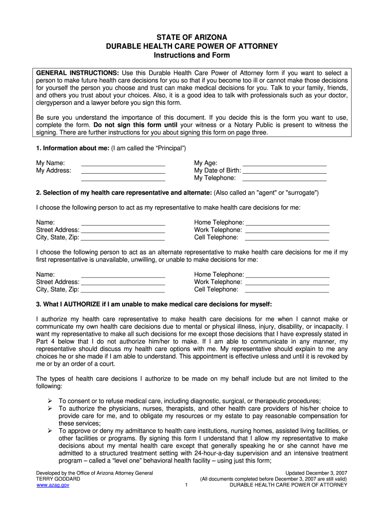  Arizona Financial Power of Attorney Form 2007