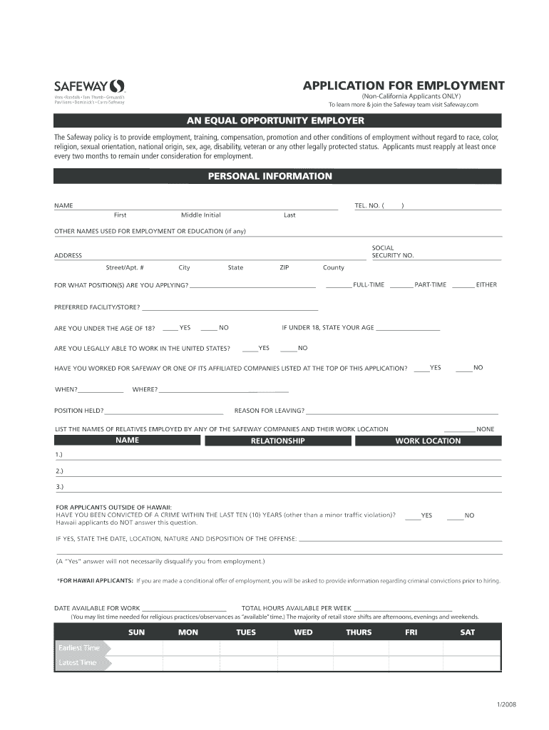 Get and Sign Safeway Application 2008-2022 Form