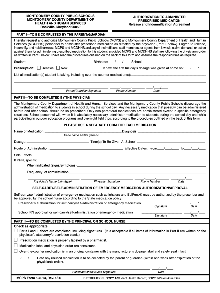 Get and Sign Authorization for Prescribed Medications Mcps  Form 2006