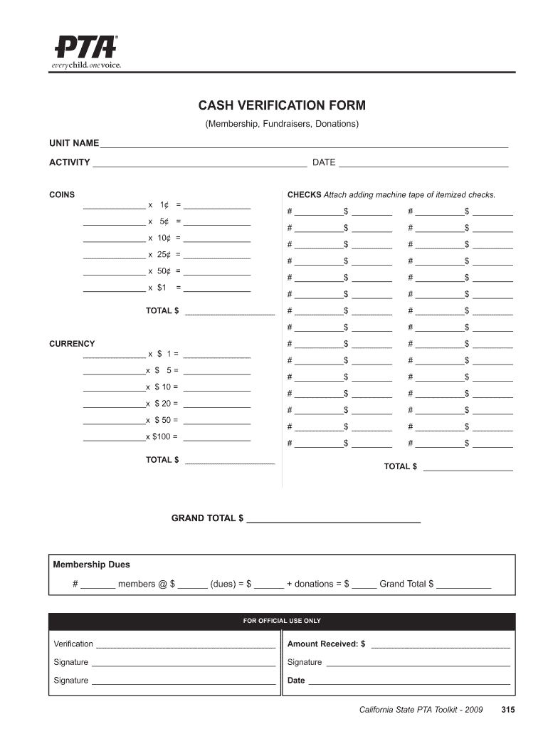  CASH VERIFICATION FORM McKinley PTA 2009