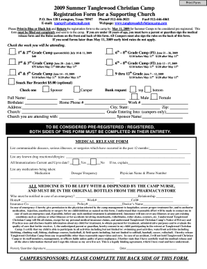 Print Form Summer Tanglewood Christian Camp Registration Form for a Supporting Church P