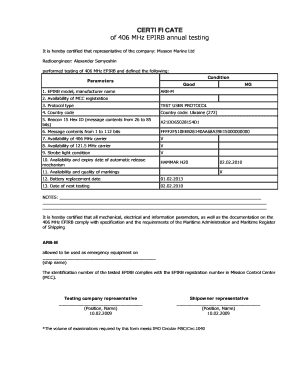 CERTIFICATE of 406 MHz EPIRB Annual Testing GMDSS Test  Form