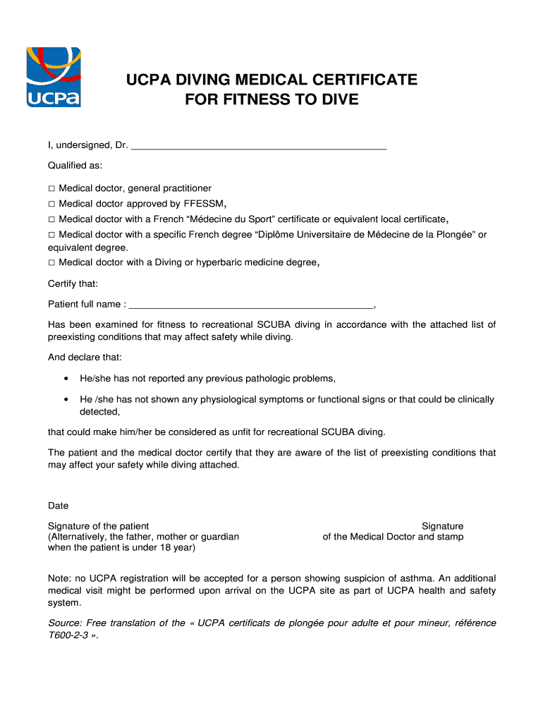 Diving Medical Certificate UCPA  Form