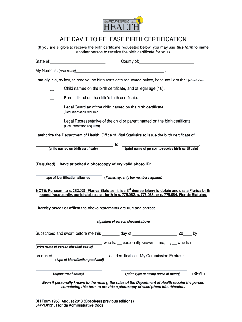  Dh Form 1958 Florida 2010-2024