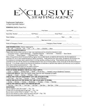 Nursing Application Exclusive Staffing Agency  Form