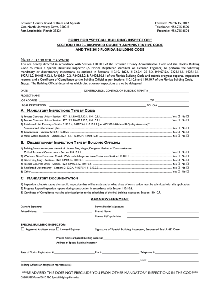 Broward County Special Inspector Form