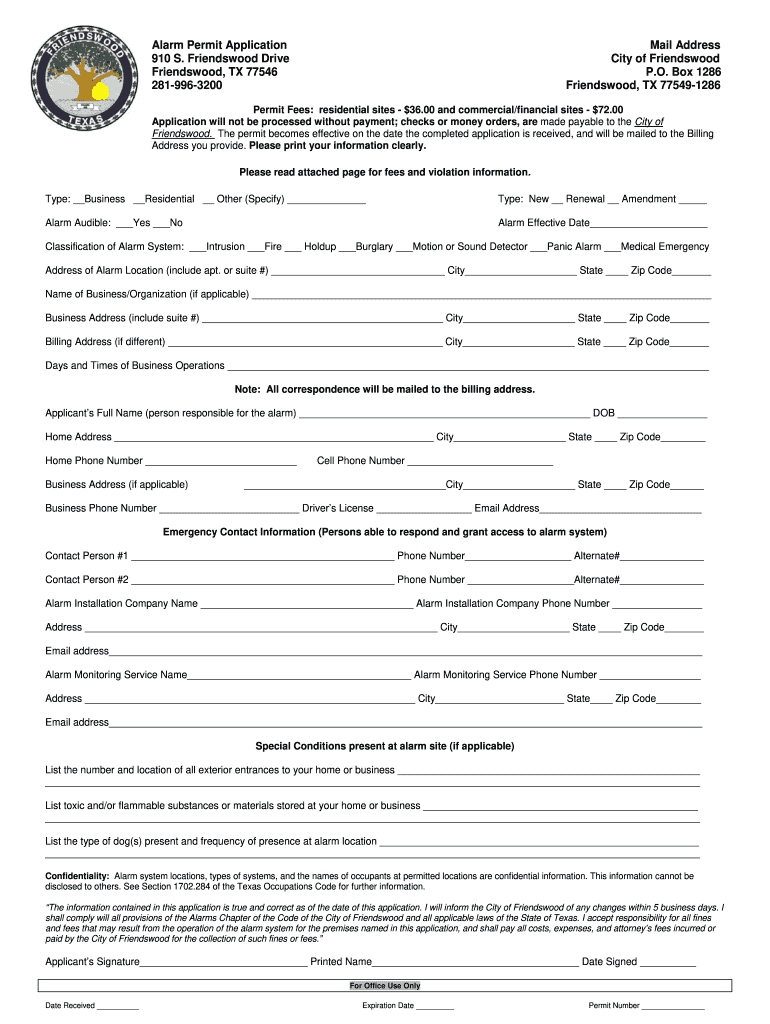 Alarm Permit Friendswood  Form