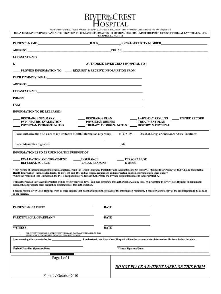  Medical Records Release Form  River Crest Hospital 2010-2024