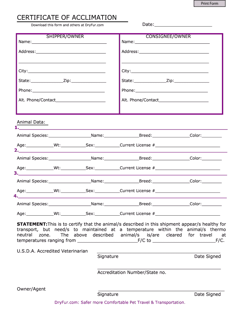 Acclimation Certificate  Form