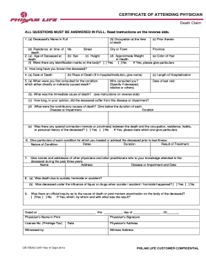  Certification of Attending Physician for Death Claim Philam Life 2010-2024