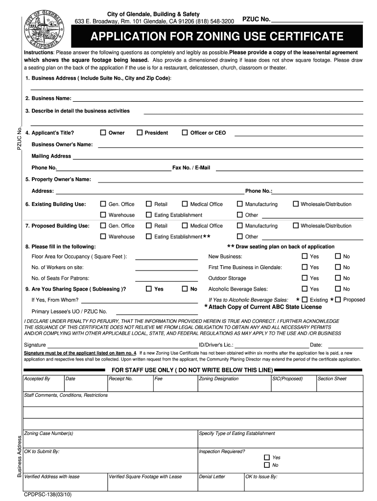  Ca Glendale Zoning Use Certificate 2010-2024