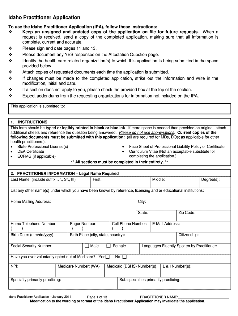  Idaho Practioner Credential Verification Application  Form 2011