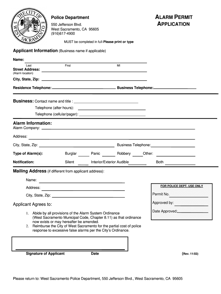 West Sacramento Alarm Permit Application Form 2003-2024
