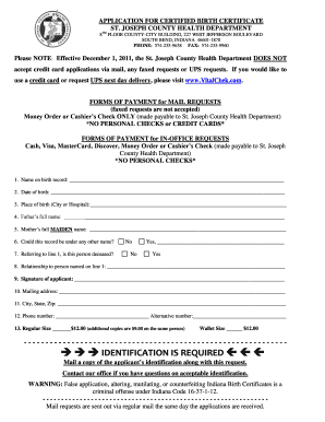 Application for Certified Birth Certificate St Joseph County, Indiana  Form