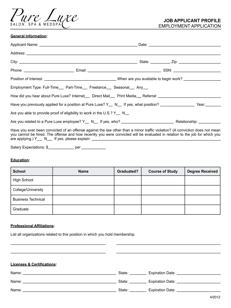 Get and Sign Salon Employment Application Form 2012-2022