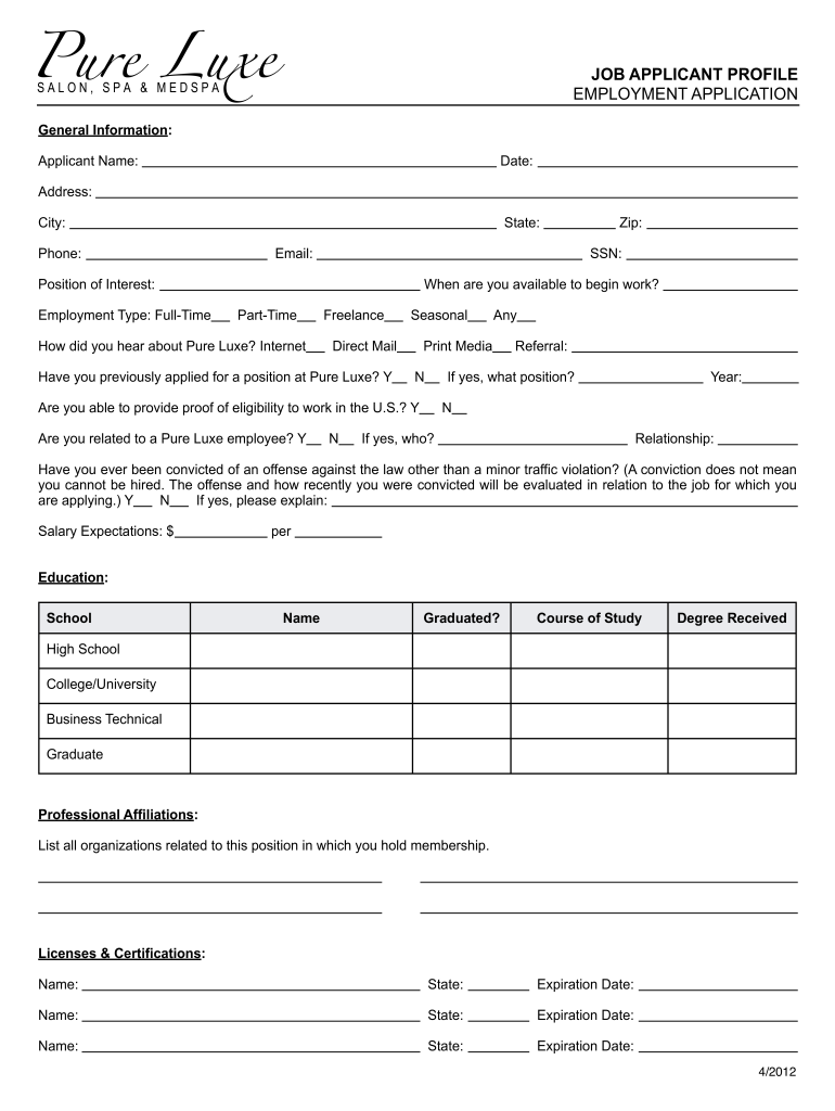  Salon Employment Application Form 2012