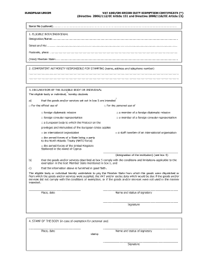 Vat and or Excise Duty Exemption Certificate  Form