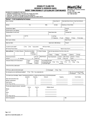 Metlife Disability Claim for Accident &amp; Sickness Form