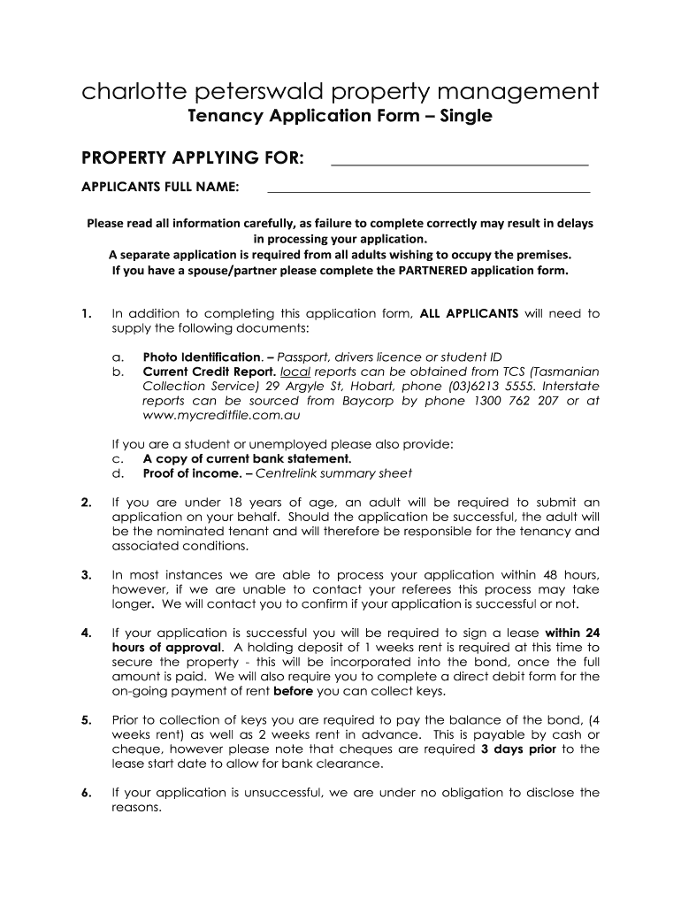 Tenancy Application Form Single PROPERTY APPLYING for