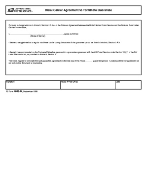 PS Form 4015 D, Rural Carrier Agreement to Terminate Guarantee