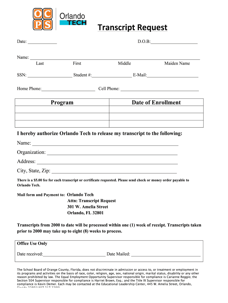 Print the Transcript Request Form  Orlando Tech