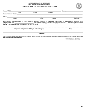  Commonwealth of Kentucky Certificate of Religious Exemption Form 2002